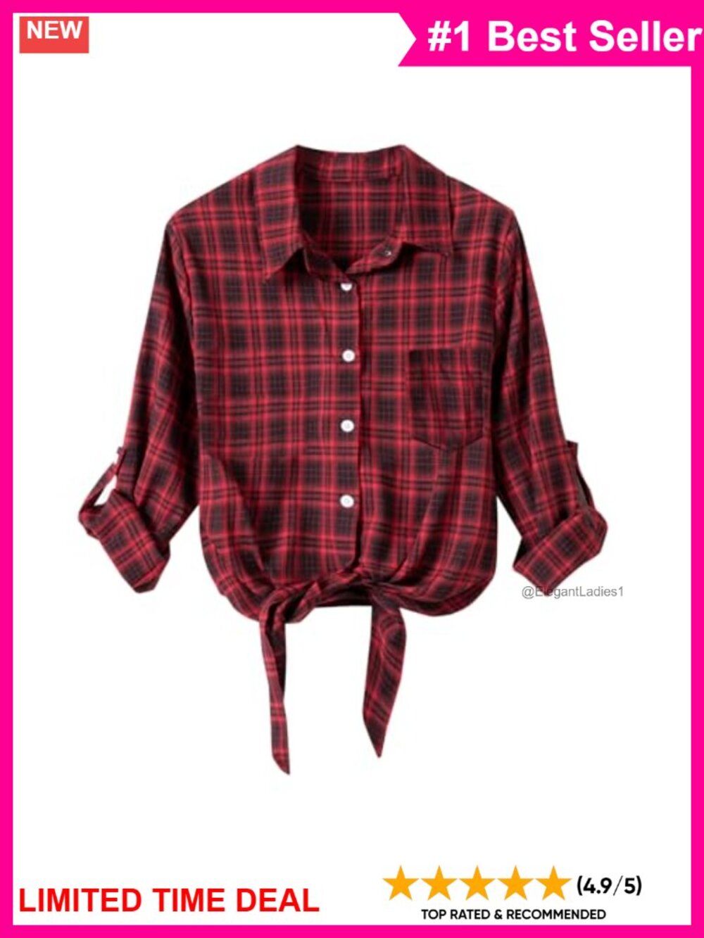 Womens Tie Front Buffalo Plaid Button Down Shirt Roll Up Sleeve Casual Top